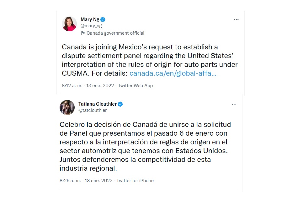 Canadá se une a la solicitud de México de establecer un panel de resolución de disputas para abordar la interpretación de los Estados Unidos de las reglas de origen automotriz bajo el Capítulo 31 del T-MEC